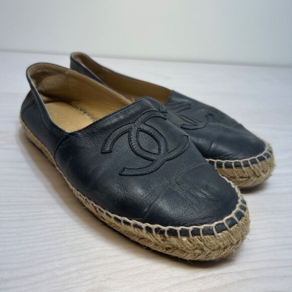Chanel Shoes Womens Size 36 Navy Espadrille Leather Slip On Made In Spain - Picture 1 of 13